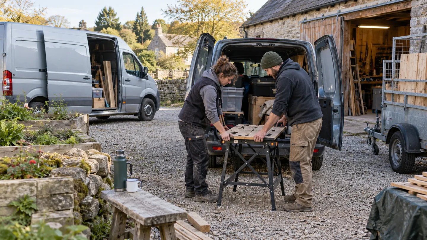 Volunteers compare a van and cargo trailer for transporting a folding repair workbench.