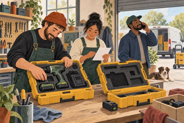 Staff at an equipment-hire bench check a packed drill case beside an empty case while a colleague makes a phone call.