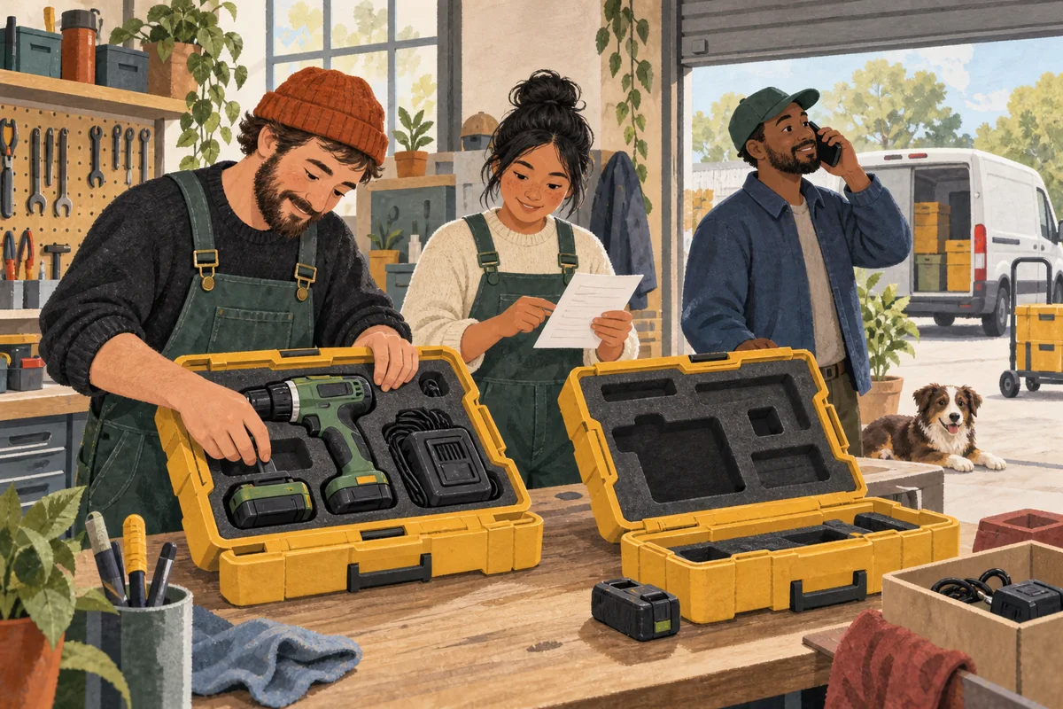 Staff at an equipment-hire bench check a packed drill case beside an empty case while a colleague makes a phone call.