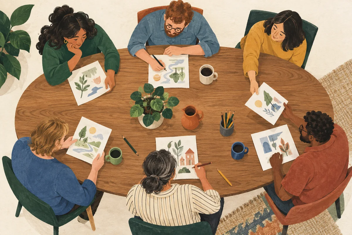 Six colleagues around an oval table sketch ideas on separate sheets; two pass a sheet between them while others write or read.