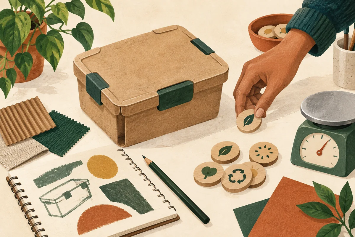 Delivery-box mockup, scale, test materials and a small group of wooden budget tokens on a table.