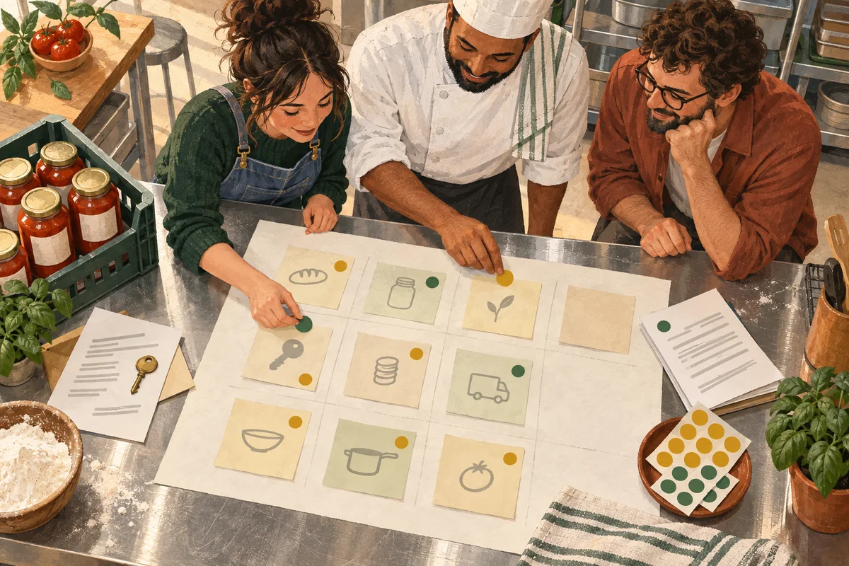 Three people at a steel prep table add green and mustard dots to canvas notes beside a supplier quote, a lease letter and sauce jars.