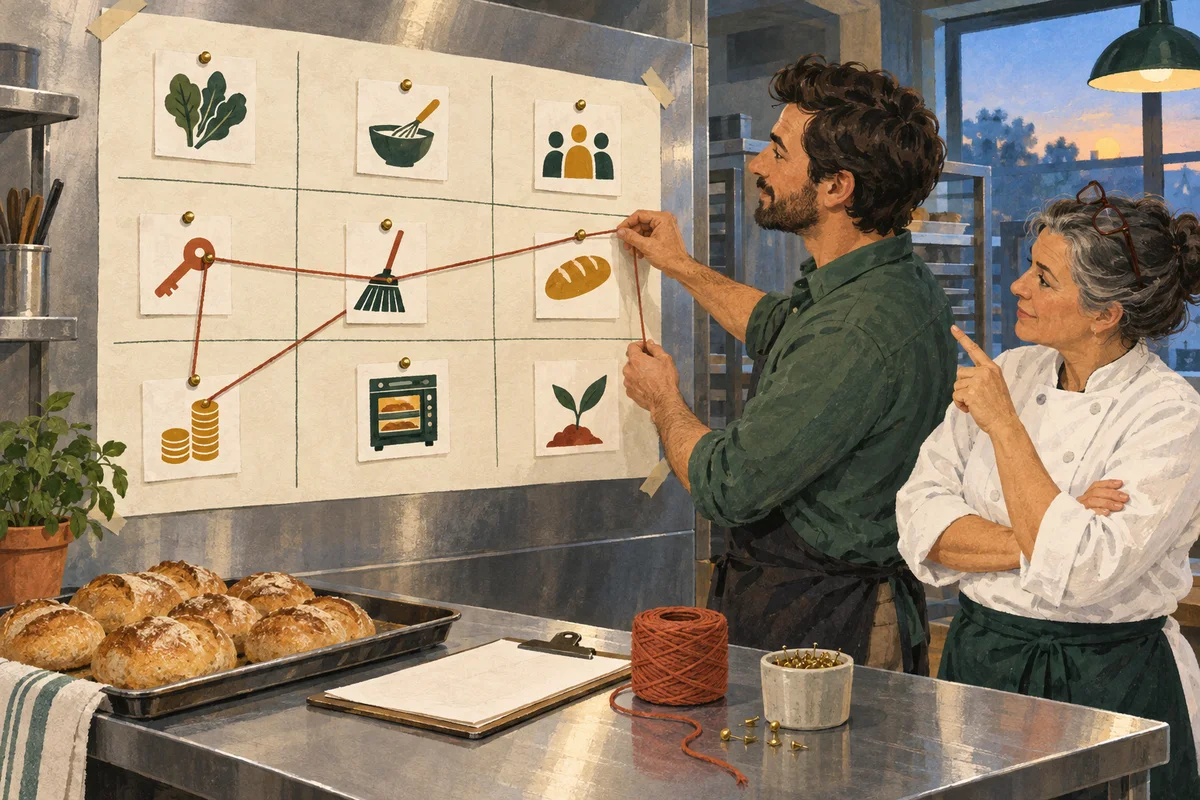 A founder stretches terracotta string across a paper canvas, linking a bread card to key, broom and coin cards while a kitchen manager watches.