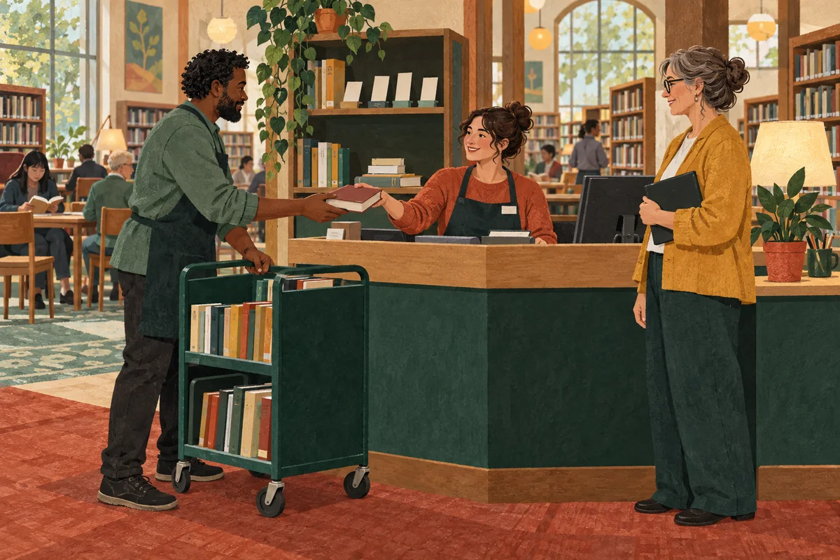 Library desk and collection staff discussing the handoff of a reserved book.