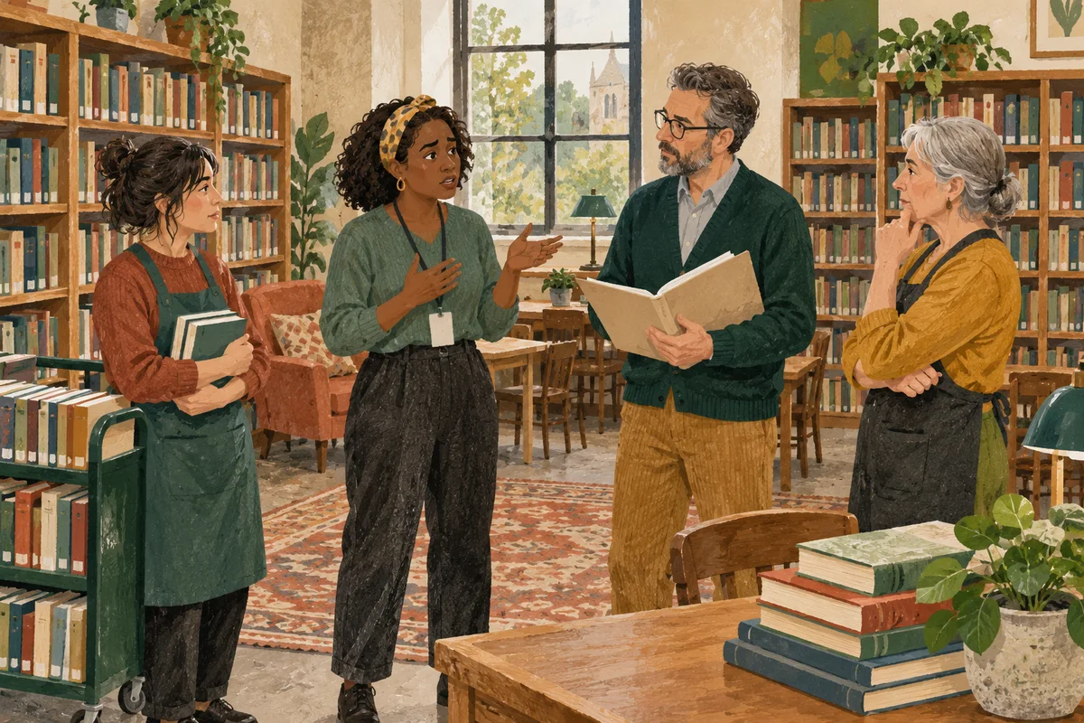 A library manager listening to a colleague during a discussion of a new reservations process.