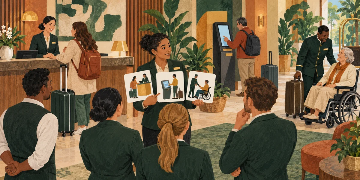 Hotel staff compare reception, kiosk and assisted-arrival situations before choosing an ideation method.
