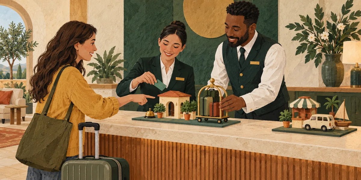 Two staff members combine a miniature reception building, a key card, a bell and a luggage trolley on a hotel counter.