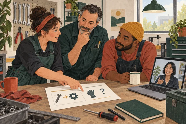 A supervisor briefs a small workshop team with a paper guide while a remote colleague joins on a laptop screen.