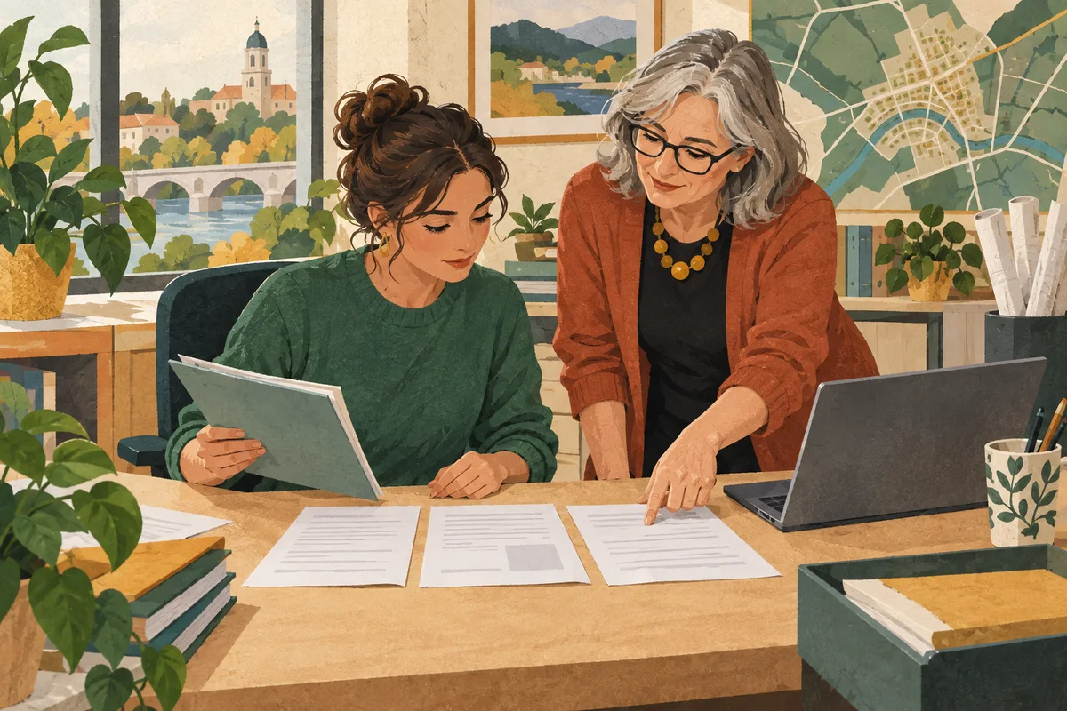 Two permit-office colleagues checking an application against a reference folder.