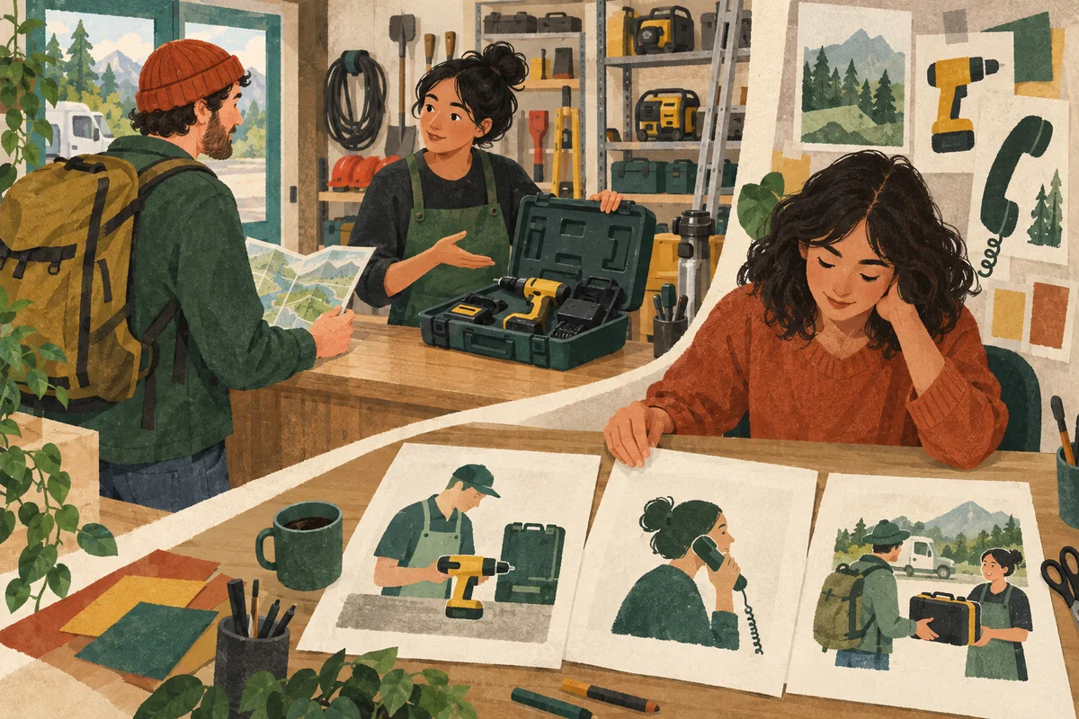 A customer speaks with an equipment-hire employee beside an open tool case while a designer arranges sketches of checking, calling and collection.