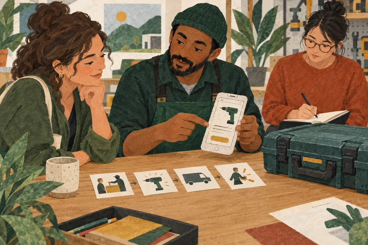 An equipment-hire employee shows a customer a paper phone prototype beside illustrated cards and a tool case while a colleague takes notes.