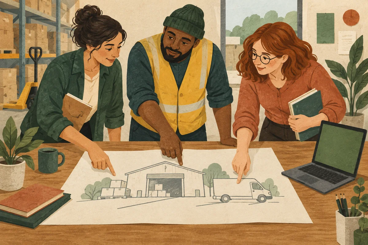 Three colleagues, including a warehouse worker, point to a shared drawing of a warehouse and delivery van; a laptop sits to one side.