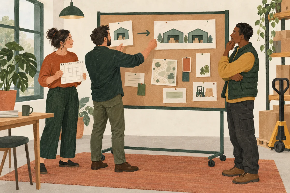Three colleagues review drawings of one warehouse and two warehouses on a rolling board; one holds a blank calendar.