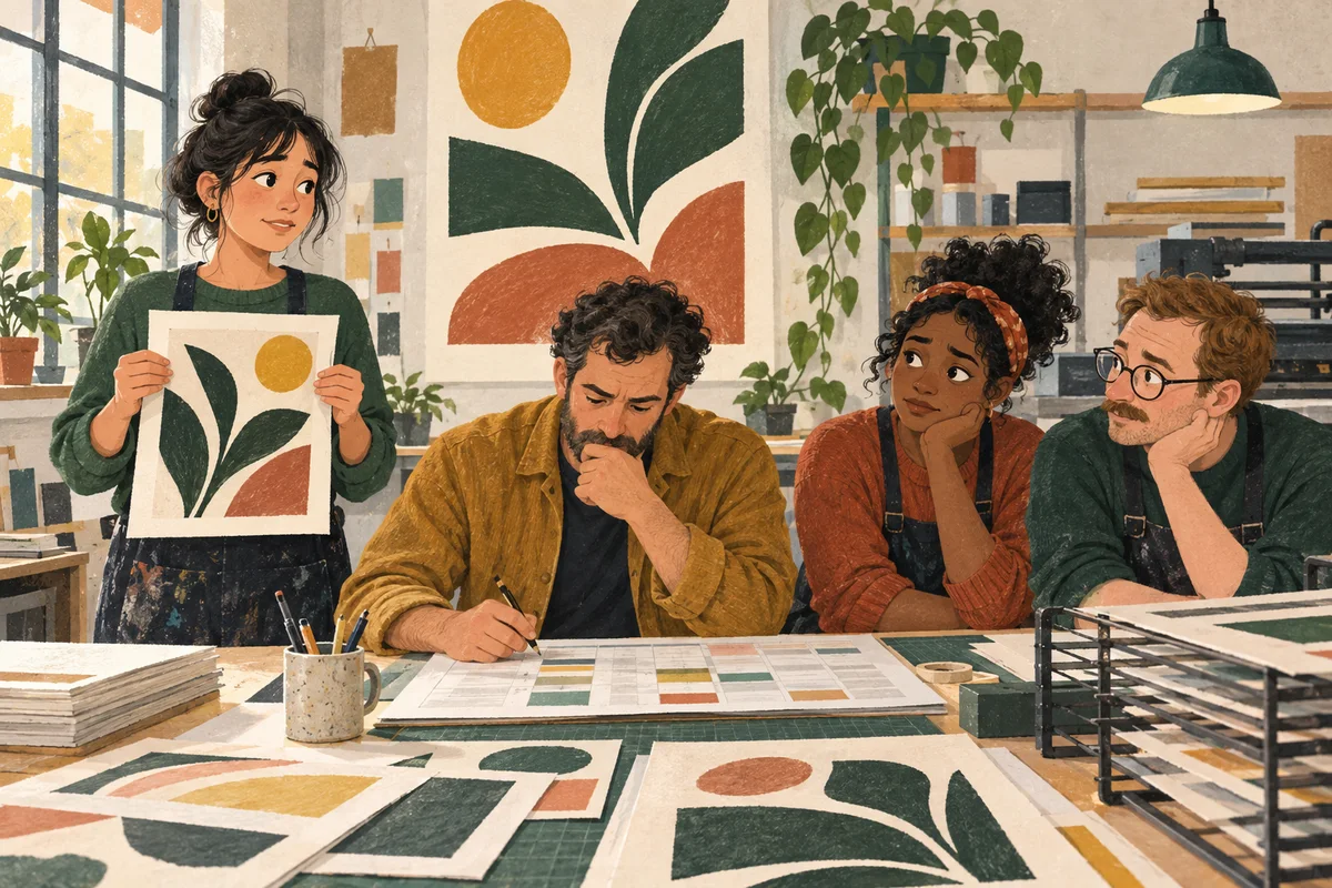 Designer holding a print sample during a meeting while colleagues focus on the production schedule.