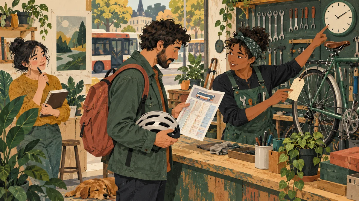 A commuter at a bicycle repair counter holds a helmet and timetable while a mechanic indicates the collection arrangements.