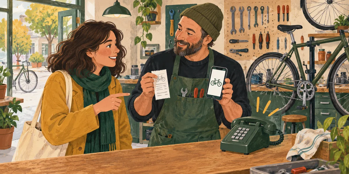 A mechanic and customer compare paper, telephone and mobile arrangements at a bicycle repair counter.
