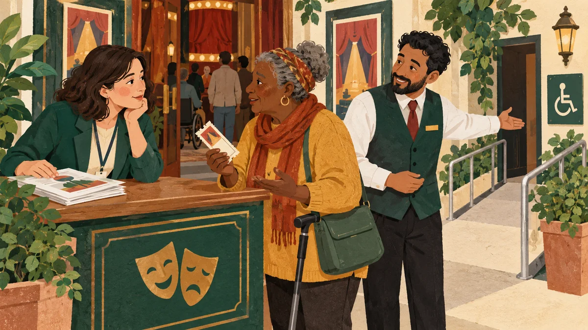 A theatre researcher listens to a visitor at the box office as an usher indicates another entrance.