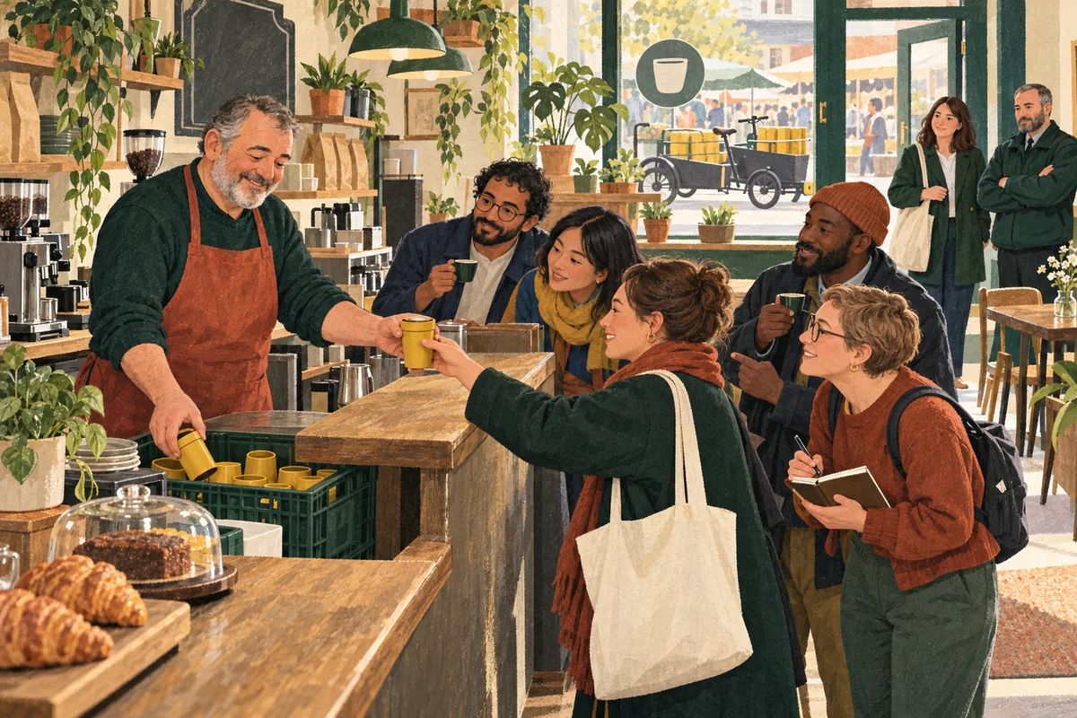 Café owners stand at the end of a busy counter watching an older owner take back a reusable cup, while a coordinator waits by the door.