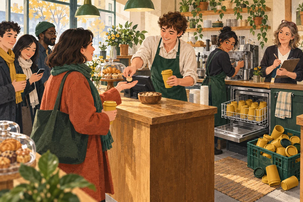 A barista hands a customer a wooden token across a café counter while returned mustard-yellow cups pile up in a crate beside a full glasswasher.