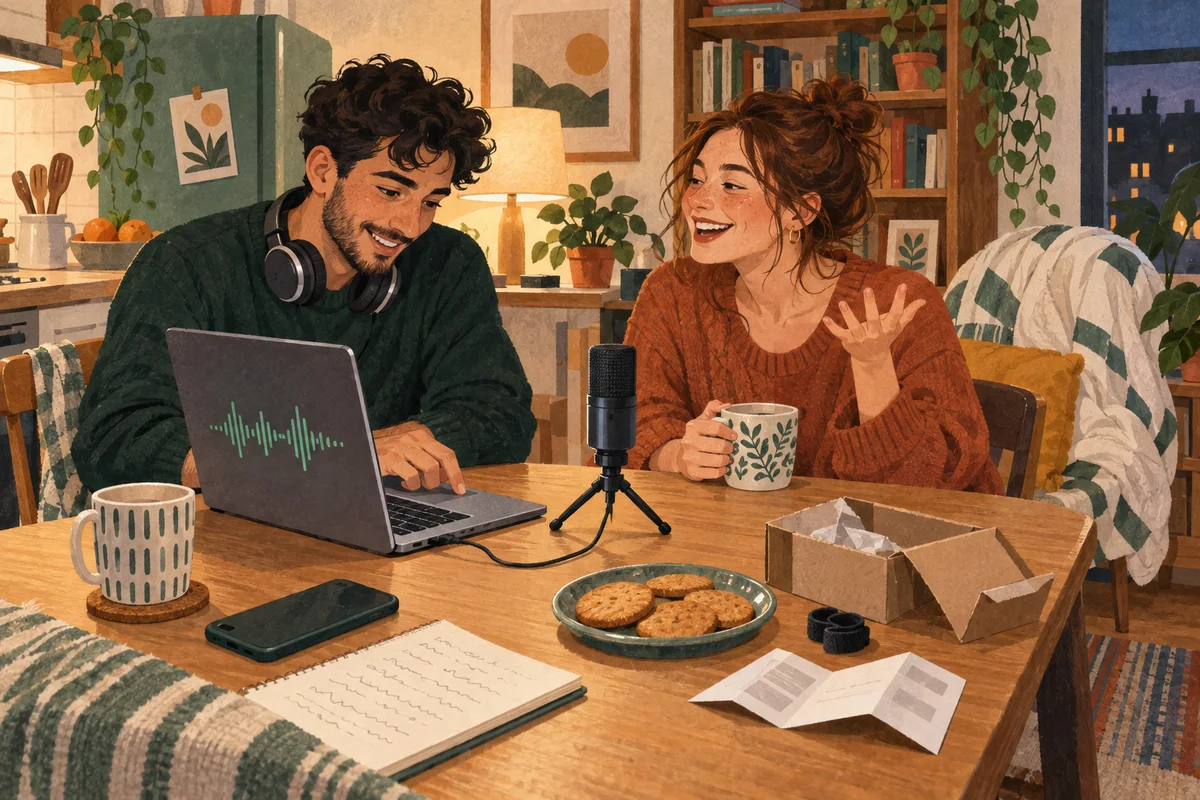 Two young podcasters record at a kitchen table with a small USB microphone plugged into a laptop, its open box and mugs beside them.