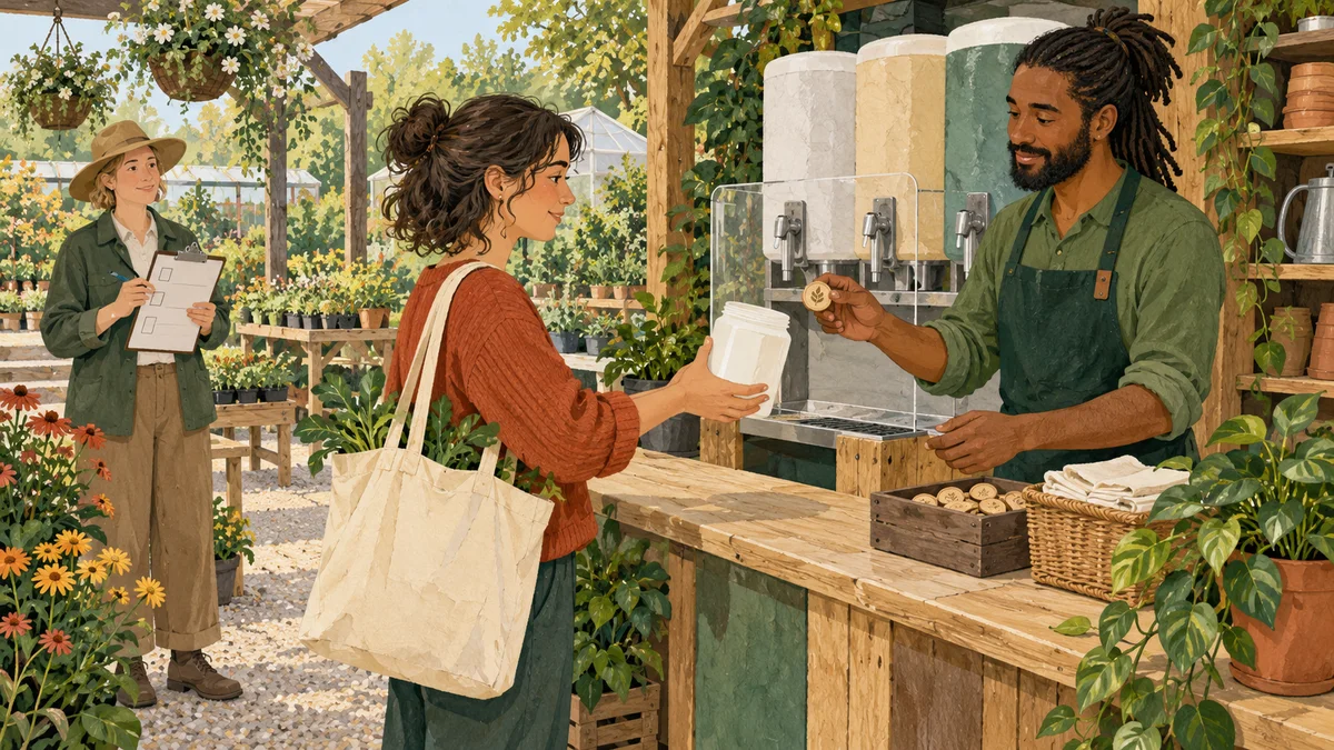 A shopper returns a plain container at a garden-centre counter while an observer watches from a distance.