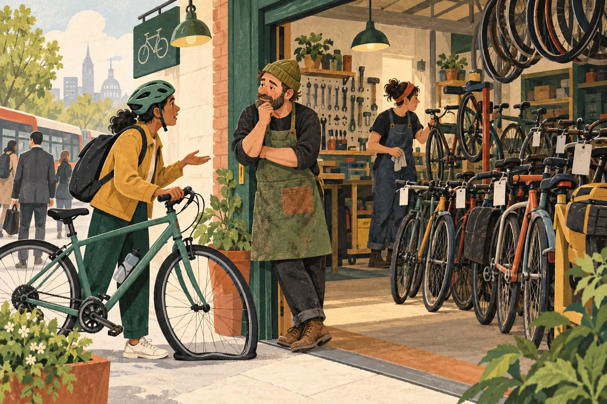 Owner listening to a commuter beside a bicycle, with a mechanic and waiting repairs inside the shop.