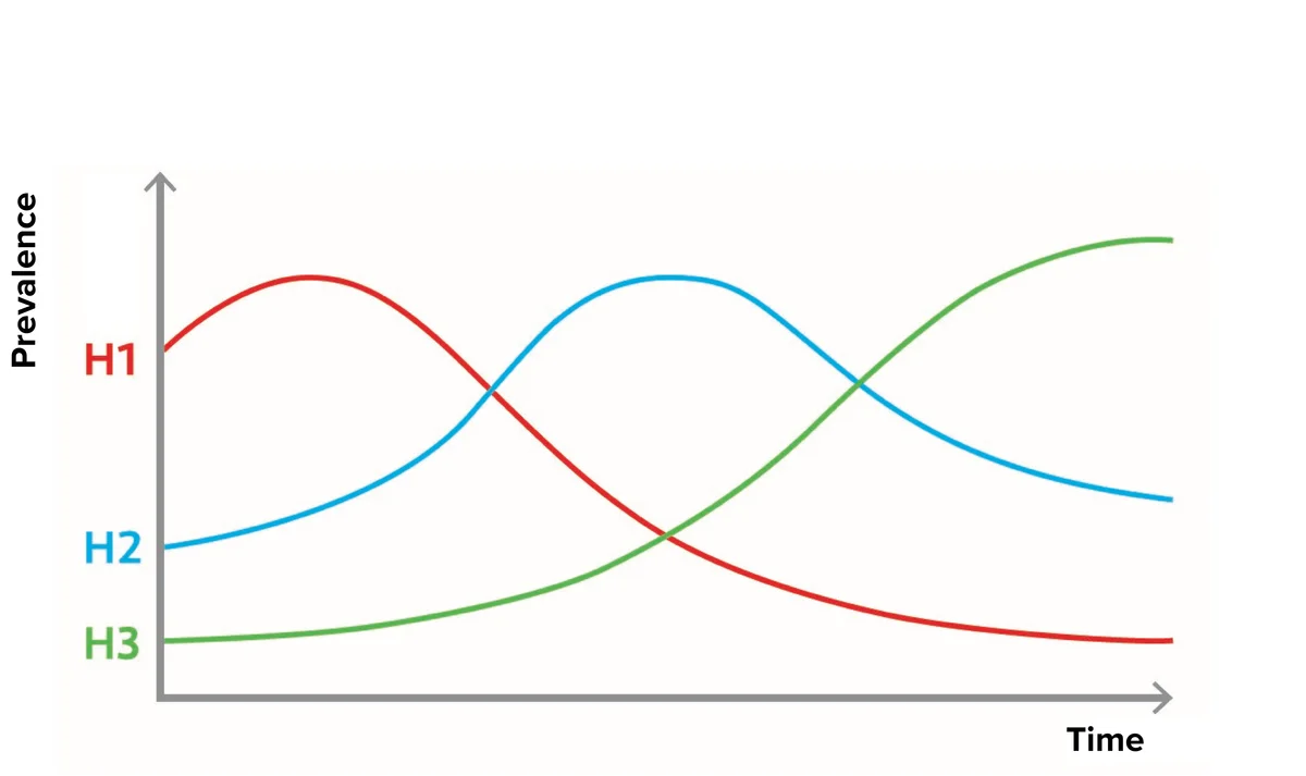 Line chart of prevalence over time: a red H1 curve falls, a blue H2 curve rises then falls, and a green H3 curve rises to the top.