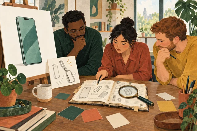 Three colleagues compare idea sketches at a table, examining a customer notebook beside a polished presentation board.