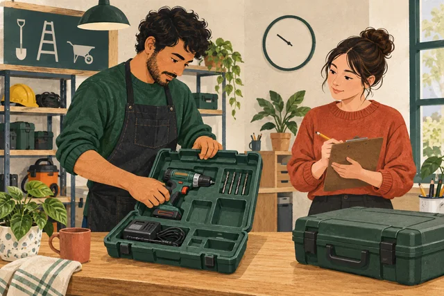 An equipment-hire worker checks a drill case and its accessories while a colleague records observations on a clipboard.