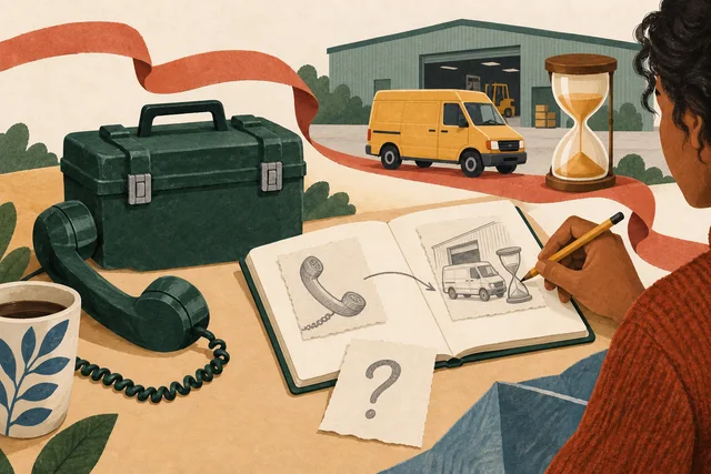 A toolbox, phone, borrowed van and hourglass surround a research notebook, with a separate question note awaiting investigation.