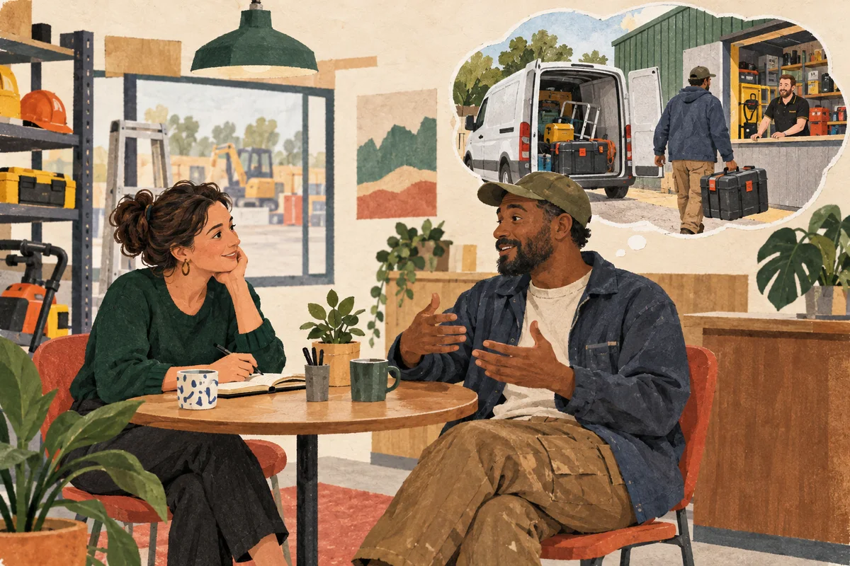 A researcher listens with an open notebook as a customer recalls collecting equipment; a thought vignette shows a van and hire counter.