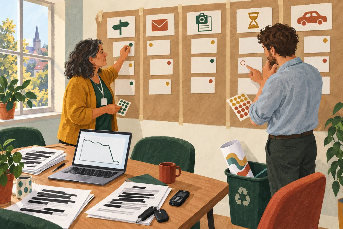 Two council staff add coloured dots to journey-map cards on a wall, beside redacted call logs, a laptop chart and a discarded poster.