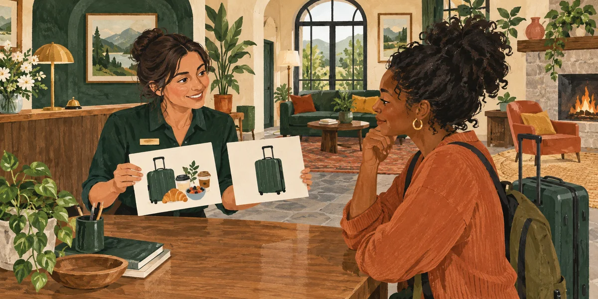 A hotel guest compares two pictorial cards showing a breakfast pack present or absent beside luggage.