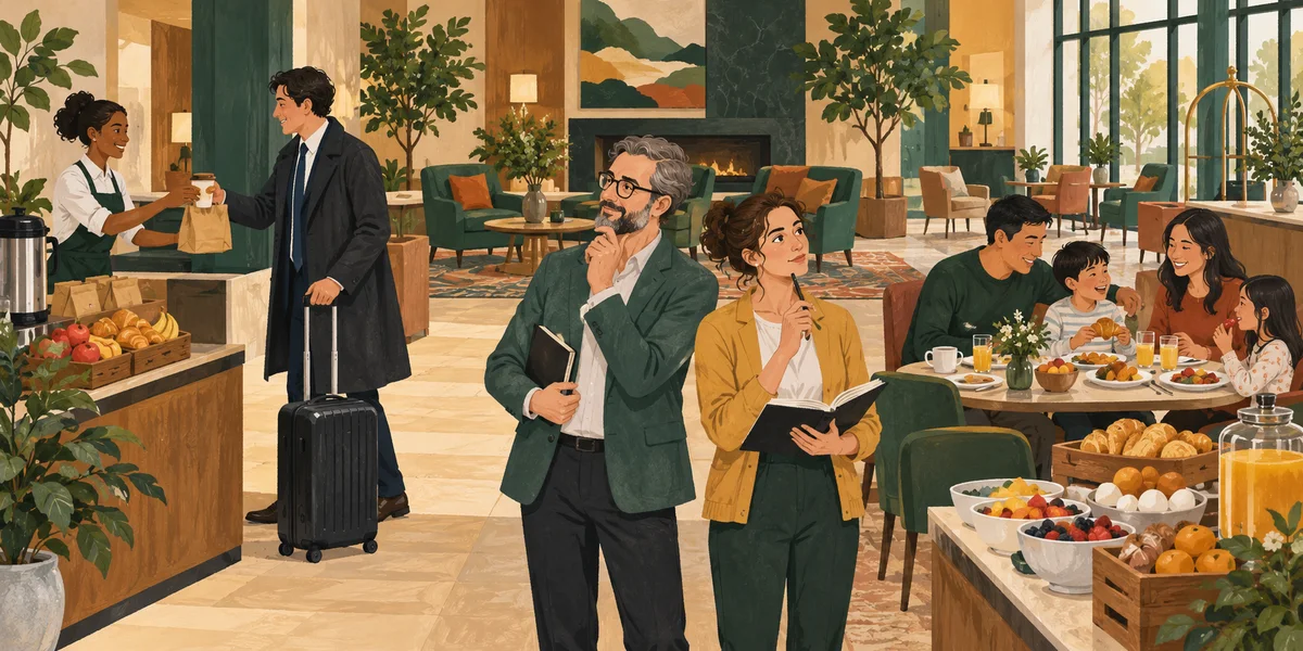 An early-departure guest takes a breakfast pack while a family eats in the hotel dining room.
