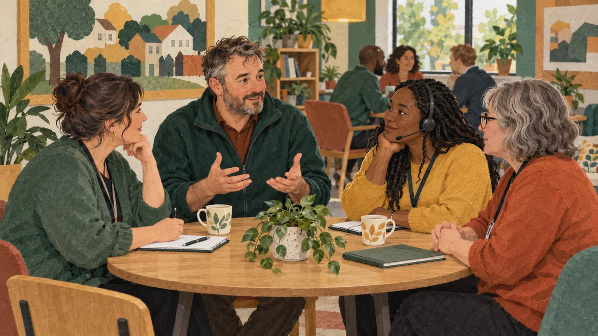 Housing-service colleagues listening to each other around a small round table.