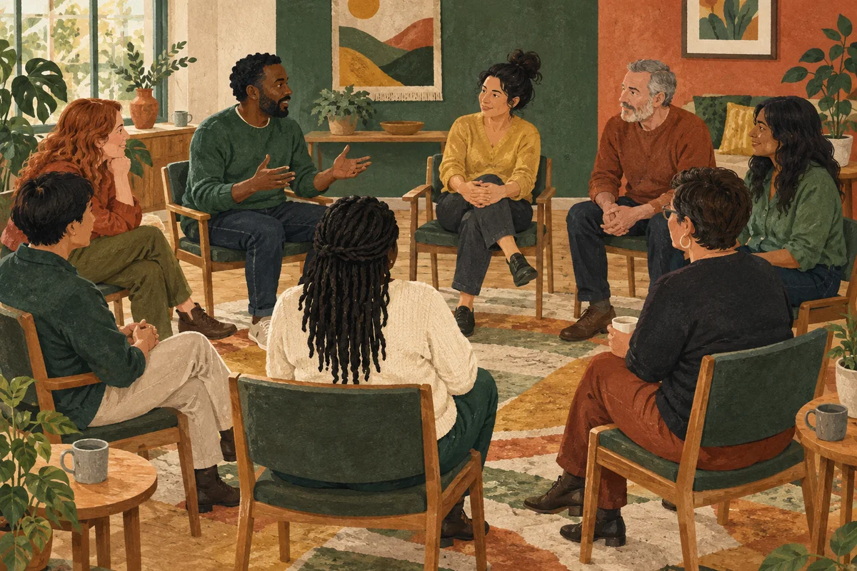 A group of colleagues continuing their discussion in a circle of chairs.