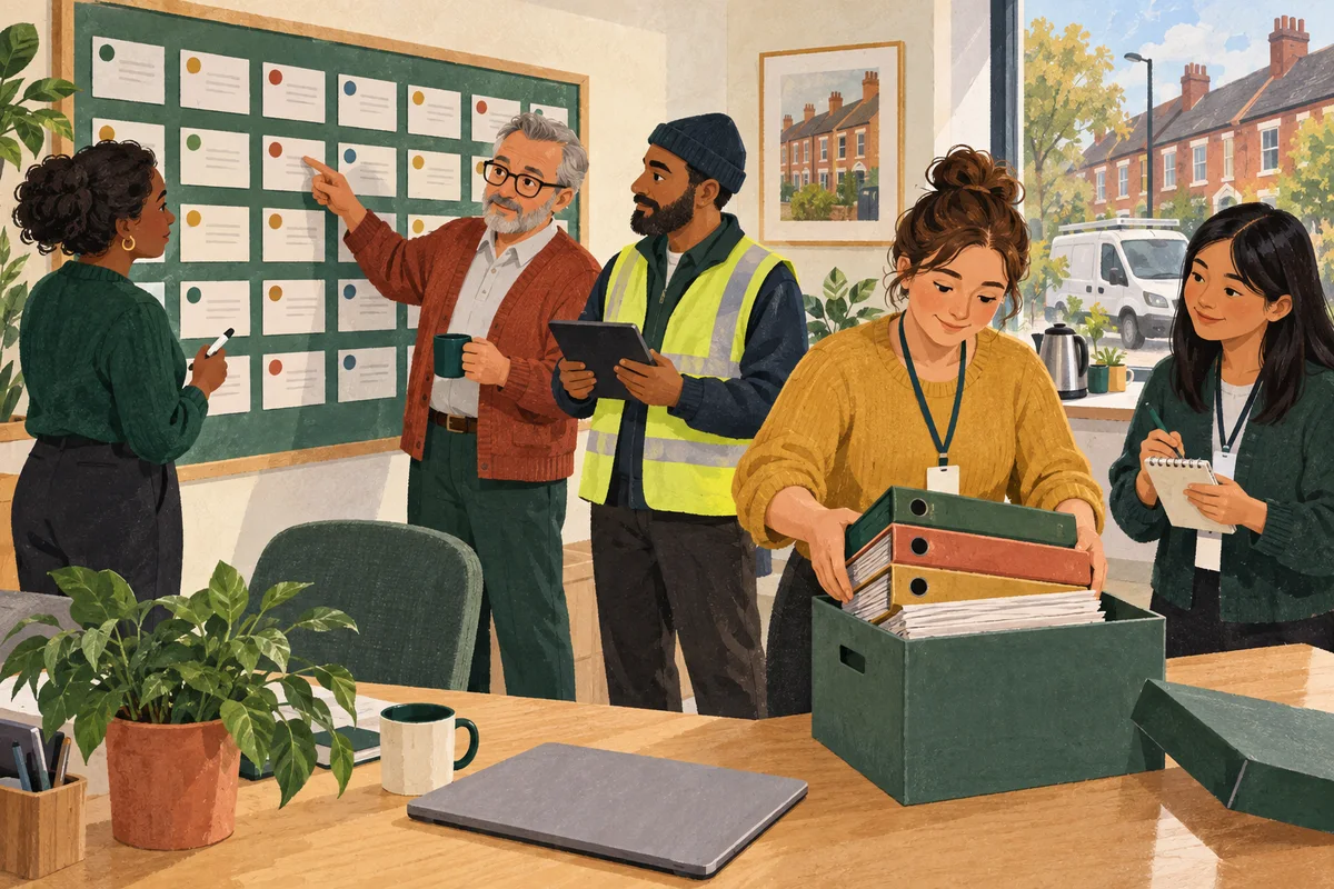 A repairs meeting gathers at one large shared job board while a colleague boxes old office binders and a new starter takes notes.