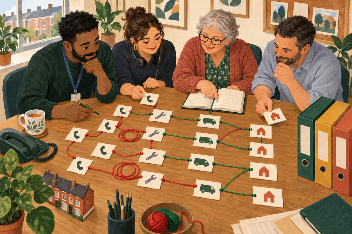 Office staff and an older tenant trace repair job cards linked with string across a table, beside folders and a paper diary.