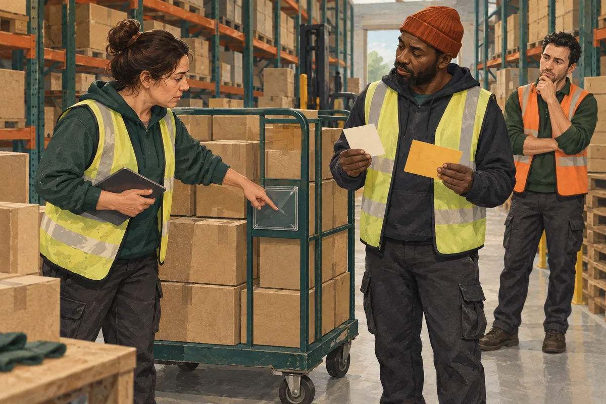 Three warehouse colleagues examining a trolley with missing handoff information.