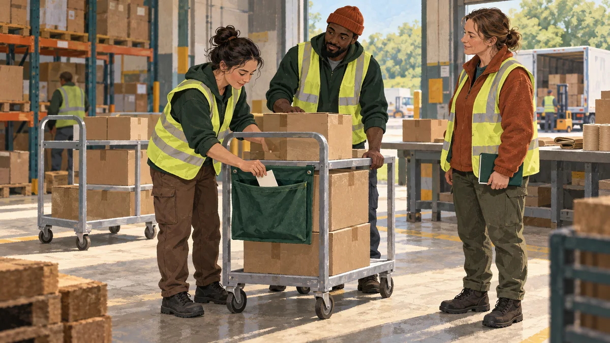 Two workers testing a card pouch on one warehouse trolley while a shift lead listens.