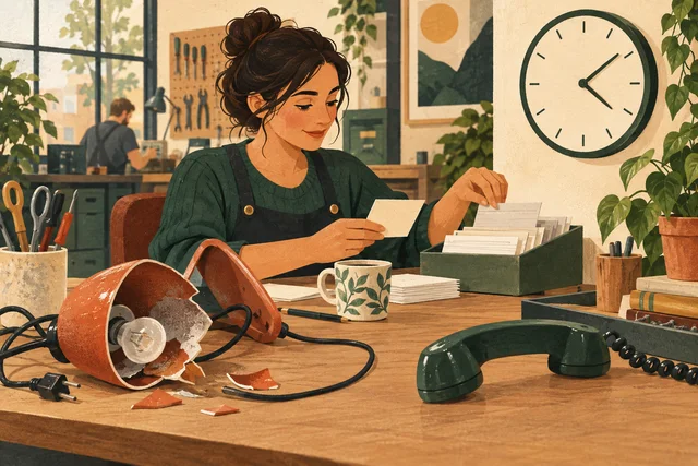 A repair coordinator sorts work-order cards beside a clock, with a broken lamp and a telephone receiver on the desk.