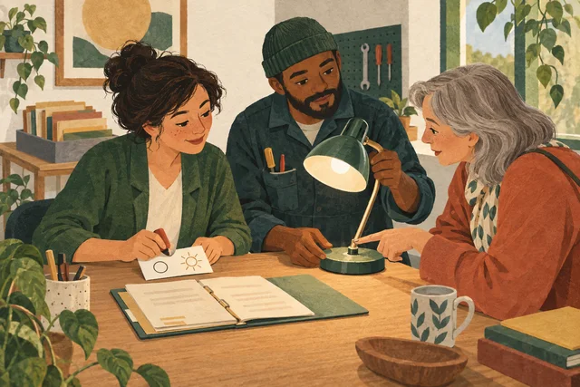 A repair coordinator and a technician examine a repaired lamp and reconsider a work-order card together with a customer.