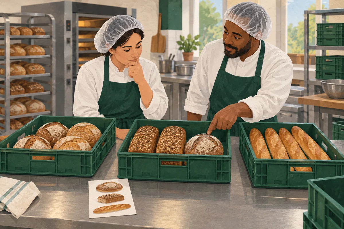 A bakery worker and coach checking a rehearsal delivery crate at the packing bench.