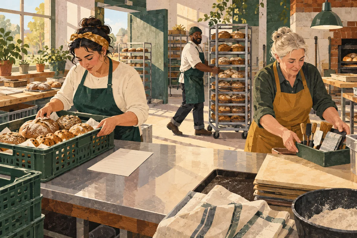 A bakery worker applying a packing routine with a clear bench and support from colleagues.