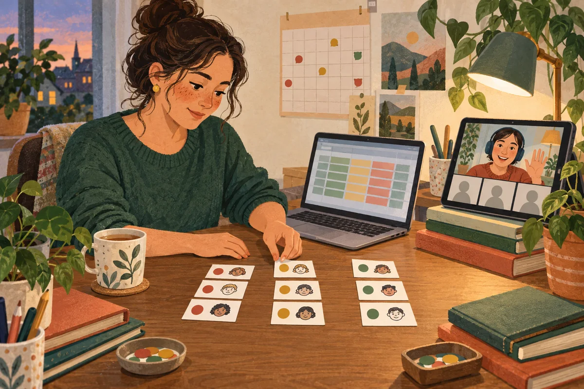 An administrator at a desk sorts learner cards into groups of three beside a laptop spreadsheet while a tutor waits on a video call.