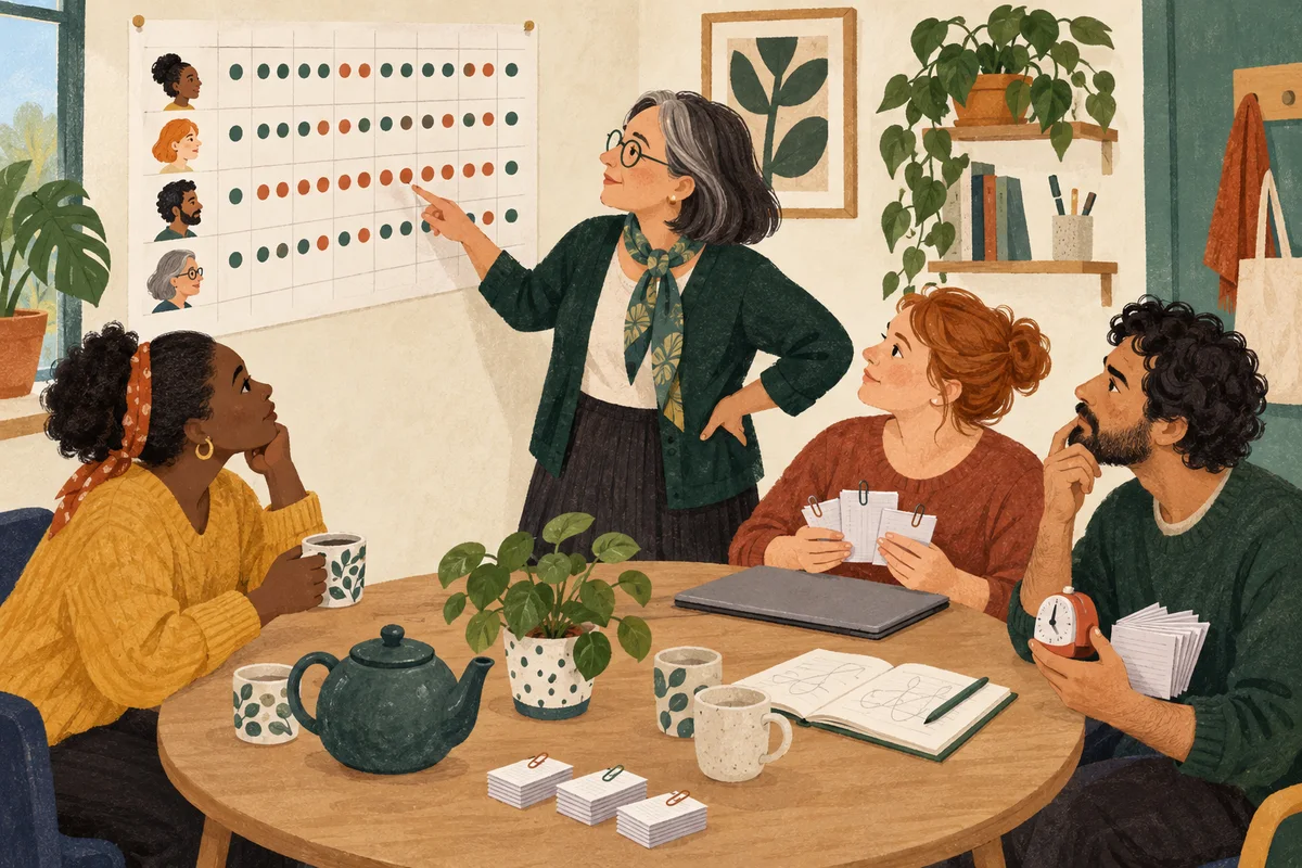 Four colleagues around a table study a wall calendar marked with coloured attendance dots, beside piles of tutor topic cards and a timer.