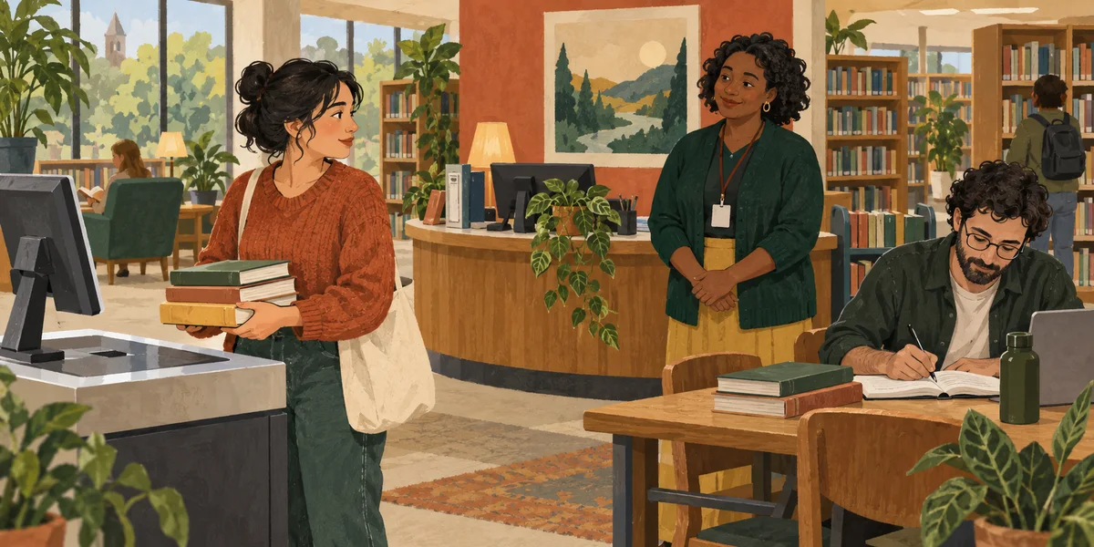 A library visitor pauses at self-checkout while a researcher takes notes from the side.
