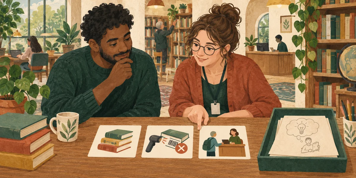 A researcher and librarian compare pictorial notes of a checkout sequence beside a separate interpretation card.