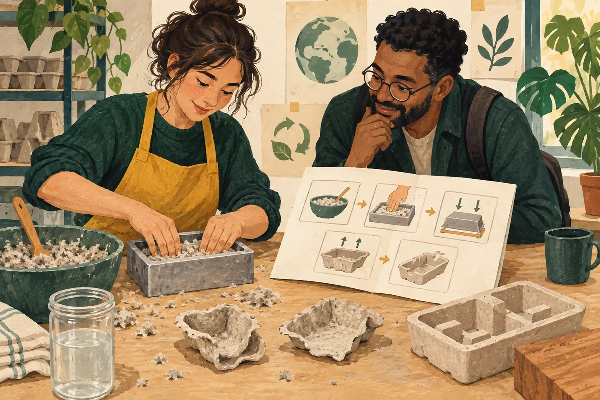 Technician reproducing a fibre insert while a visiting researcher observes and test samples sit nearby.