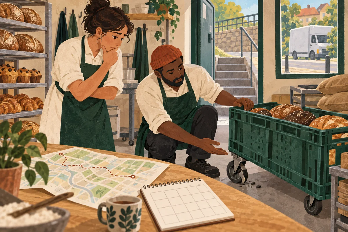 Bakery colleagues examining a delivery crate, route map and shift calendar near their back entrance.